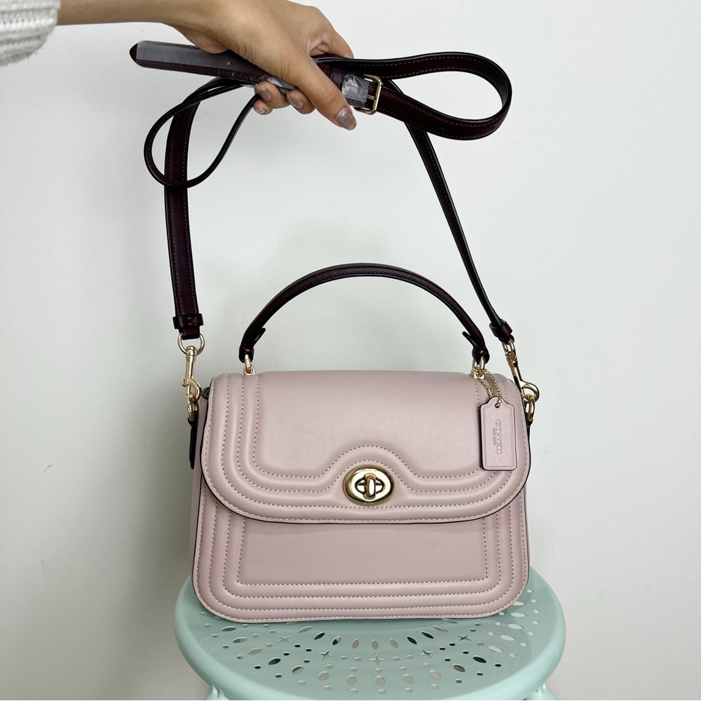 Coach Marlie Top Handle Satchel In Colorblock w/ Border Quilting Leather Tan New - Picture 6 of 15